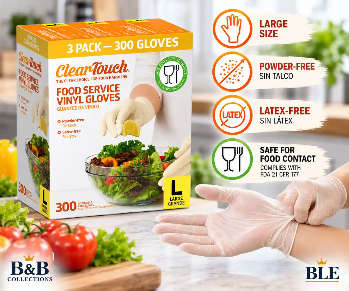 ClearTouch Food Service Vinyl Gloves, Large, Powder-Free, Latex-Free, Disposable Food Handling Gloves, 3 Pack, 300 Count
