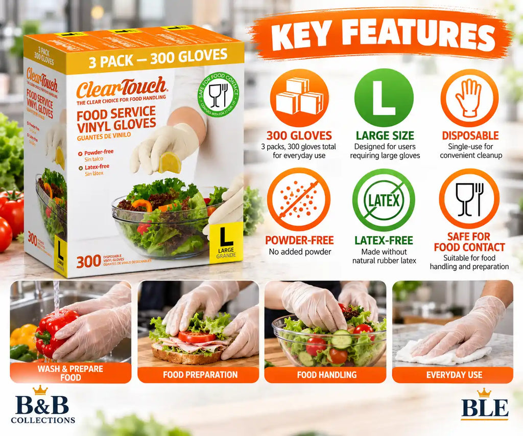 ClearTouch Food Service Vinyl Gloves, Large, Powder-Free, Latex-Free, Disposable Food Handling Gloves, 3 Pack, 300 Count