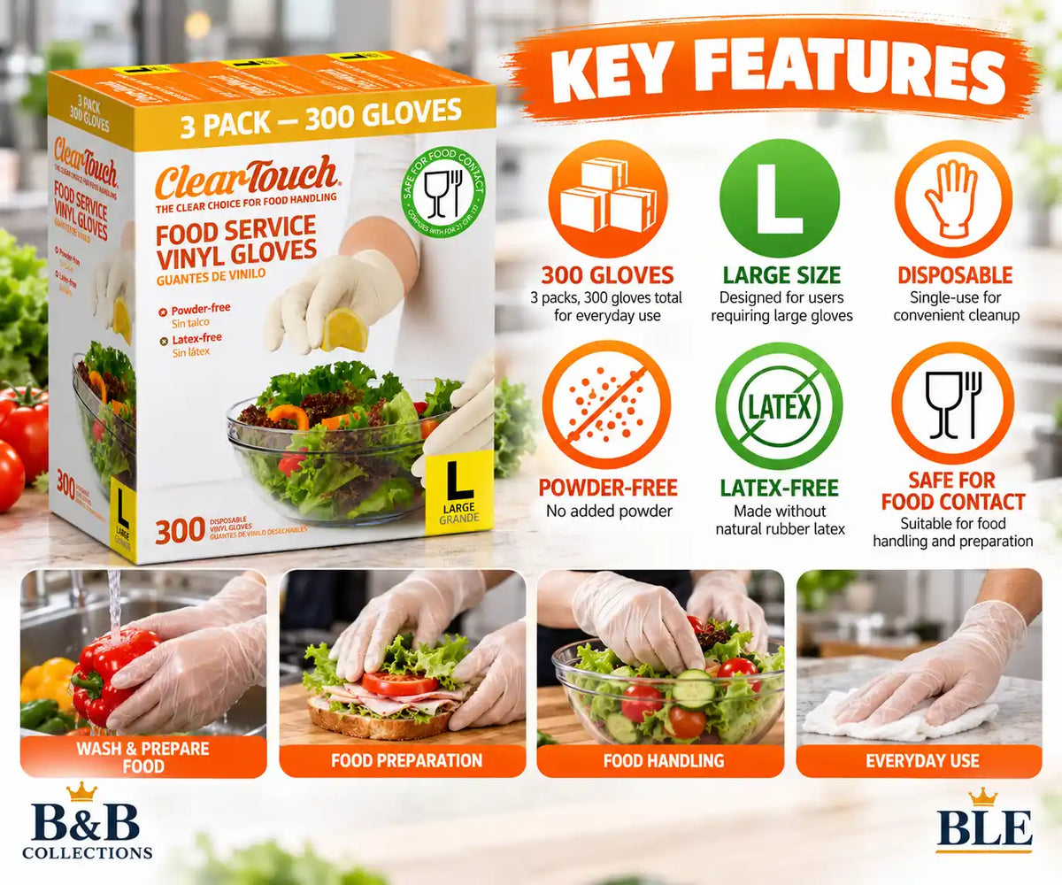 ClearTouch Food Service Vinyl Gloves, Large, Powder-Free, Latex-Free, Disposable Food Handling Gloves, 3 Pack, 300 Count