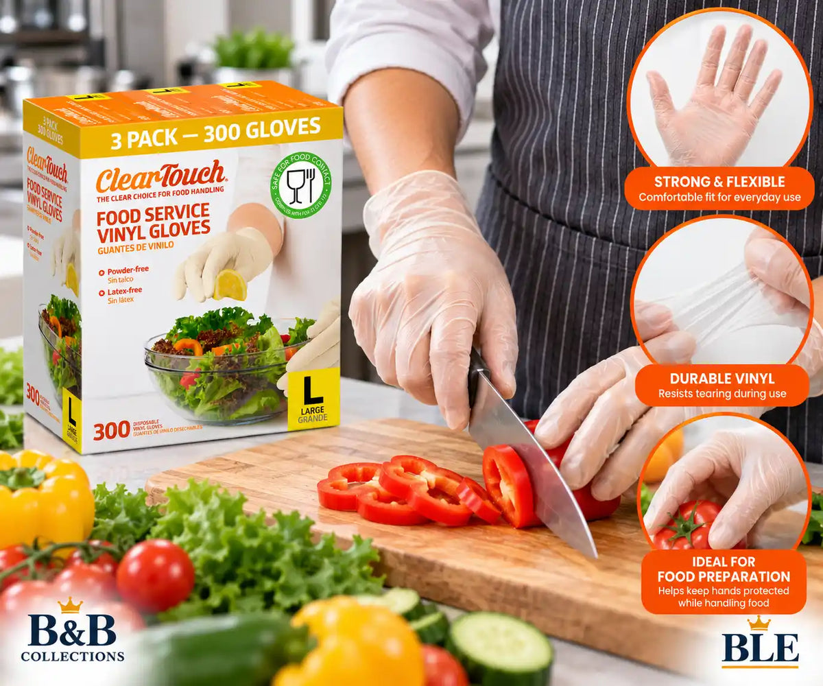 ClearTouch Food Service Vinyl Gloves, Large, Powder-Free, Latex-Free, Disposable Food Handling Gloves, 3 Pack, 300 Count