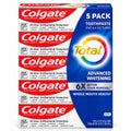 Colgate Total Advanced Whitening Toothpaste, 24-Hour Antibacterial Protection, 6X Better Stain Removal, 6.4 oz Tubes, 5-Pack (32 oz Total)