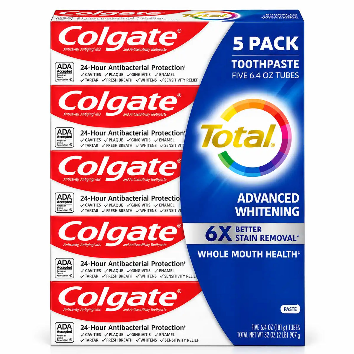 Colgate Total Advanced Whitening Toothpaste, 24-Hour Antibacterial Protection, 6X Better Stain Removal, 6.4 oz Tubes, 5-Pack (32 oz Total)