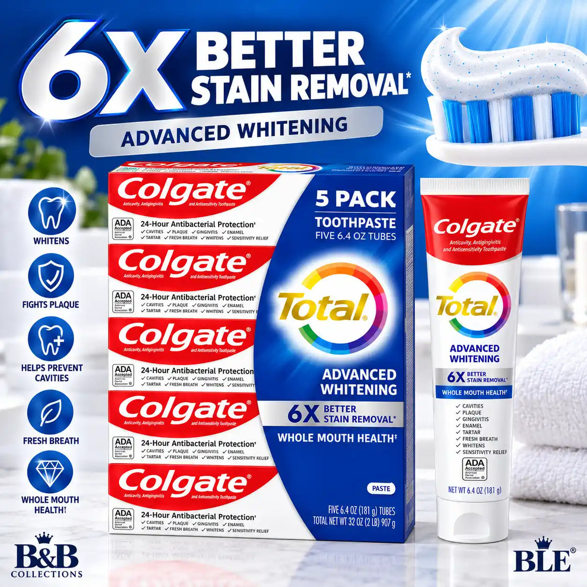 Colgate Total Advanced Whitening Toothpaste, 24-Hour Antibacterial Protection, 6X Better Stain Removal, 6.4 oz Tubes, 5-Pack (32 oz Total)