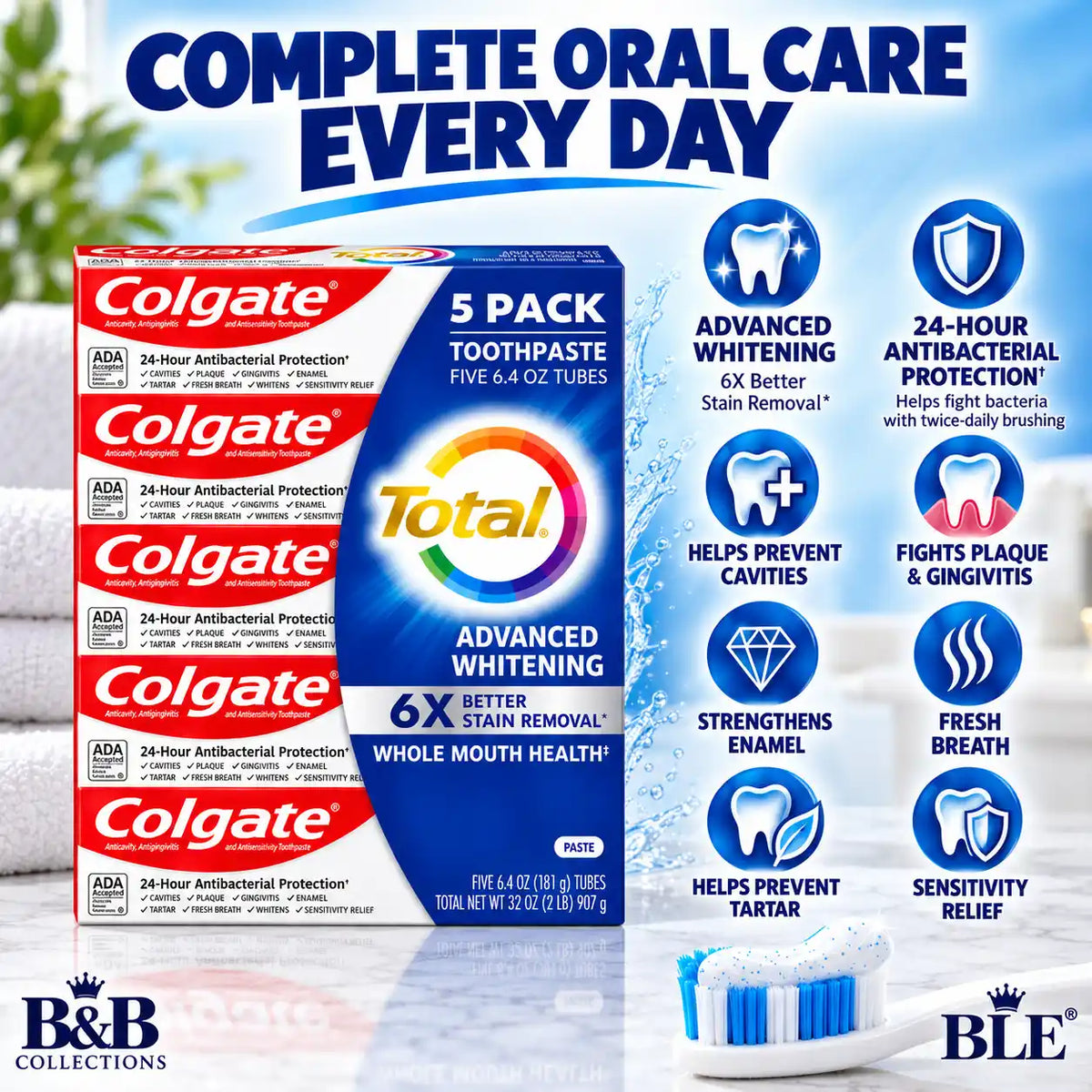 Colgate Total Advanced Whitening Toothpaste, 24-Hour Antibacterial Protection, 6X Better Stain Removal, 6.4 oz Tubes, 5-Pack (32 oz Total)
