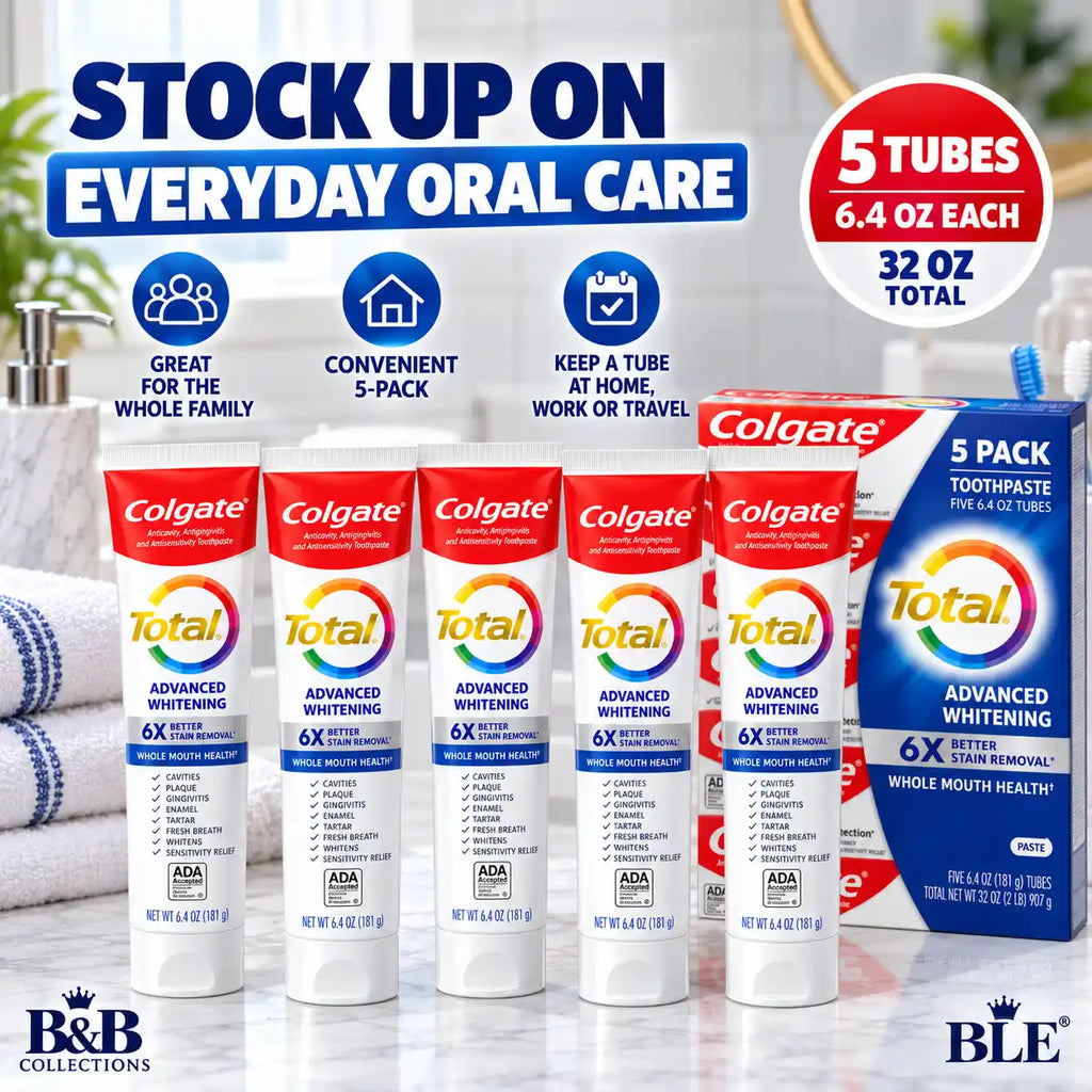 Colgate Total Advanced Whitening Toothpaste, 24-Hour Antibacterial Protection, 6X Better Stain Removal, 6.4 oz Tubes, 5-Pack (32 oz Total)
