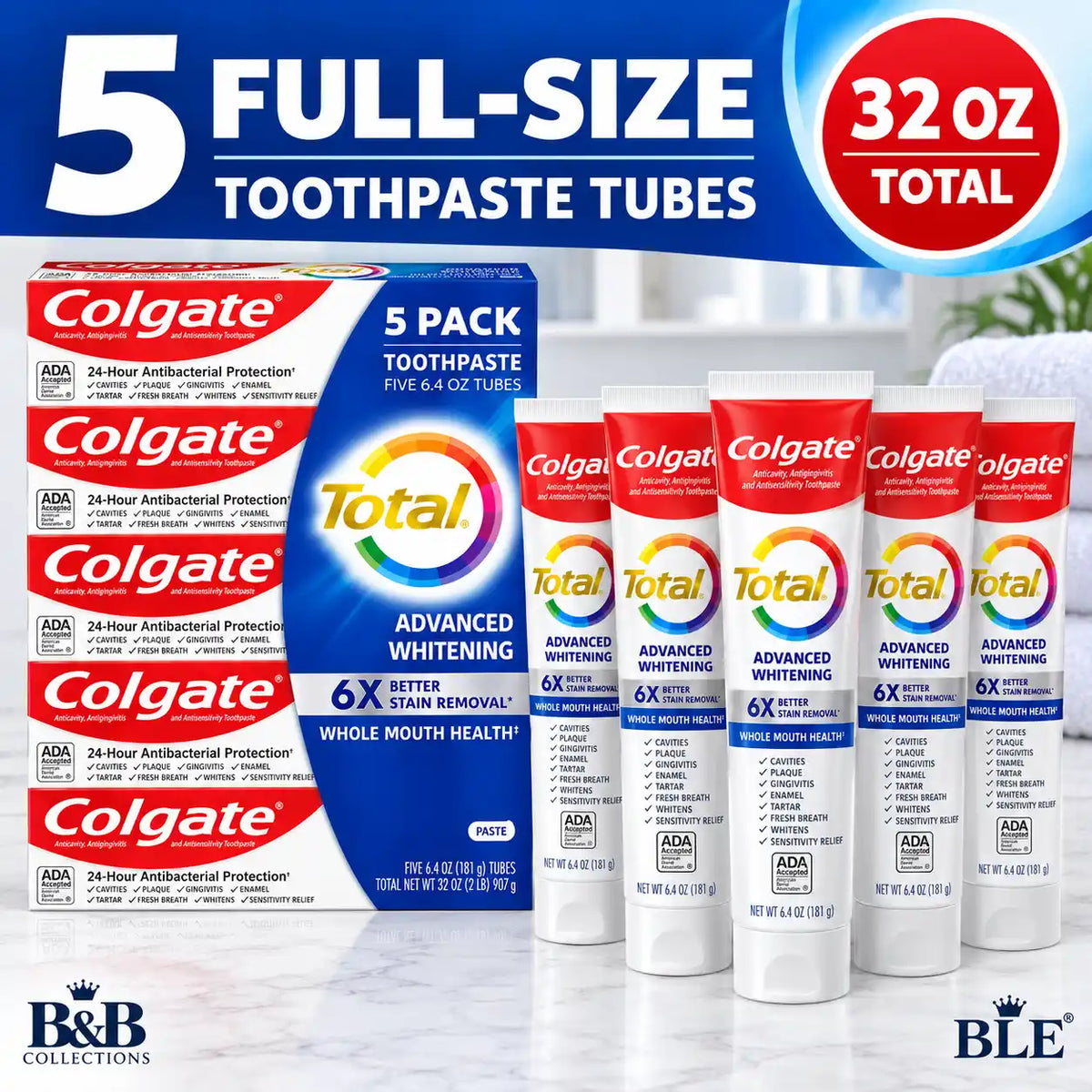 Colgate Total Advanced Whitening Toothpaste, 24-Hour Antibacterial Protection, 6X Better Stain Removal, 6.4 oz Tubes, 5-Pack (32 oz Total)