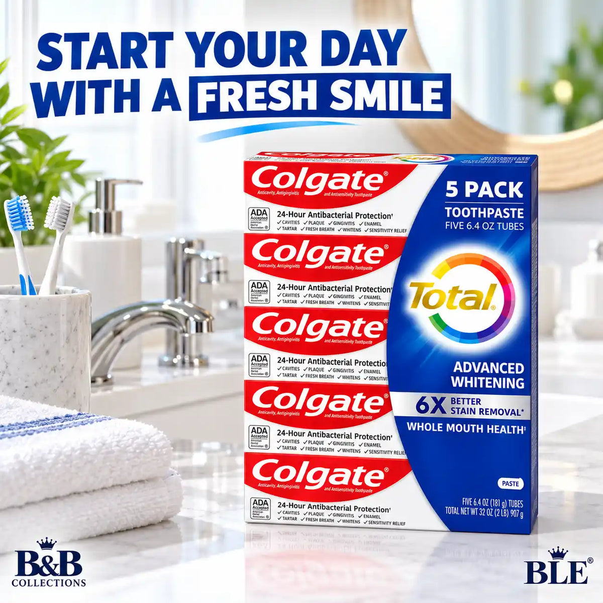 Colgate Total Advanced Whitening Toothpaste, 24-Hour Antibacterial Protection, 6X Better Stain Removal, 6.4 oz Tubes, 5-Pack (32 oz Total)