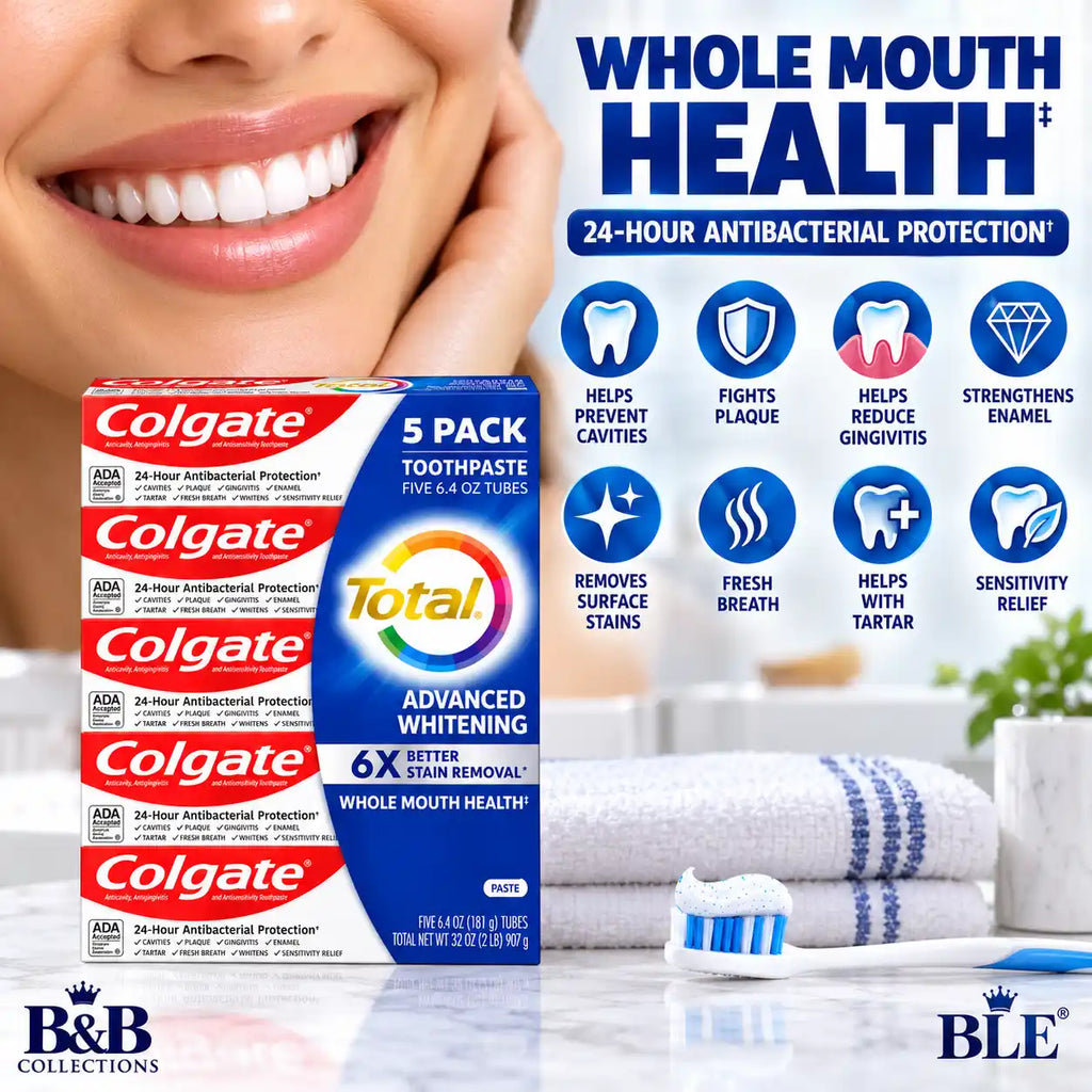 Colgate Total Advanced Whitening Toothpaste, 24-Hour Antibacterial Protection, 6X Better Stain Removal, 6.4 oz Tubes, 5-Pack (32 oz Total)