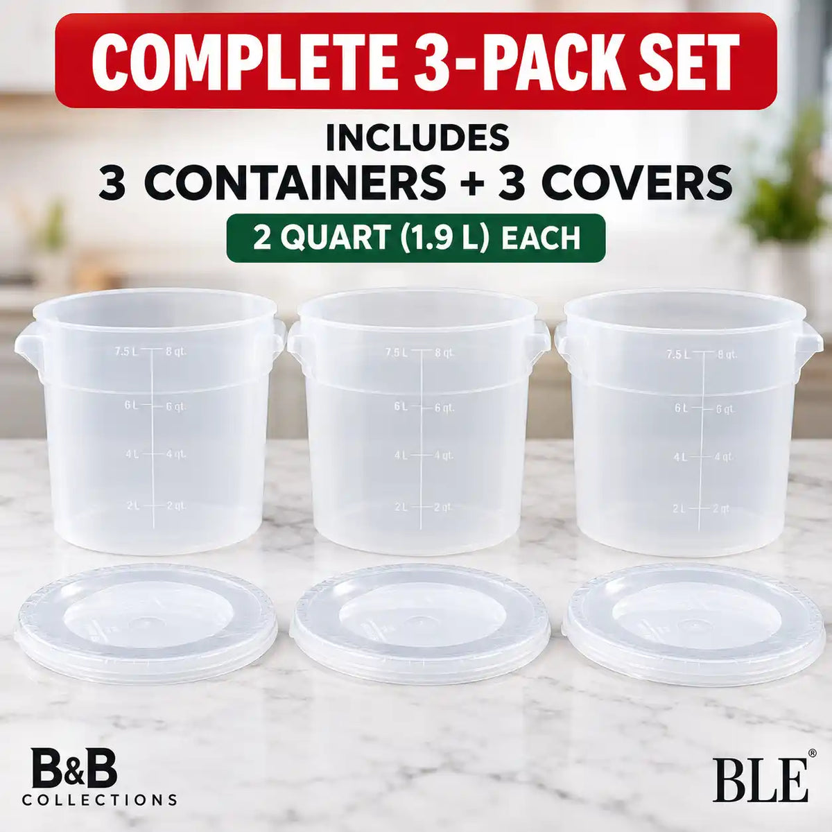 Cambro Professional Grade Food Storage Containers with Lids, 2 Quart (1.9 L), BPA-Free, Clear Round Reusable Food Containers, 3-Pack (6 Pieces Total)