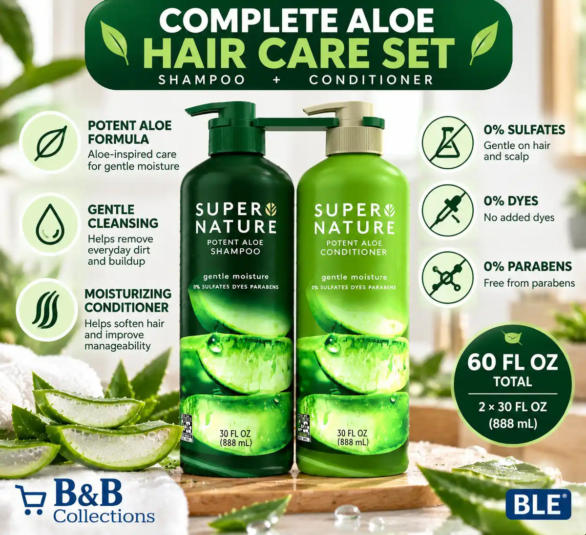 Super Nature Potent Aloe Shampoo & Conditioner Set, Gentle Moisture Hair Care, Sulfate-Free, Dye-Free & Paraben-Free, 30 fl oz Each, 2-Pack (60 fl oz Total)