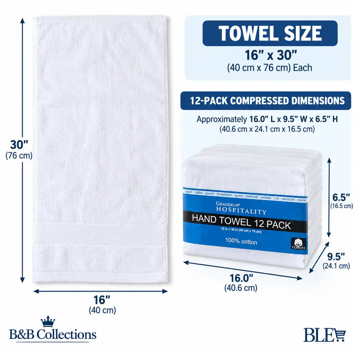 Grandeur Hospitality Hand Towels, 12-Pack, 100% Cotton, White, 16" x 30", Soft & Absorbent Towels for Bathroom, Guest & Commercial Use