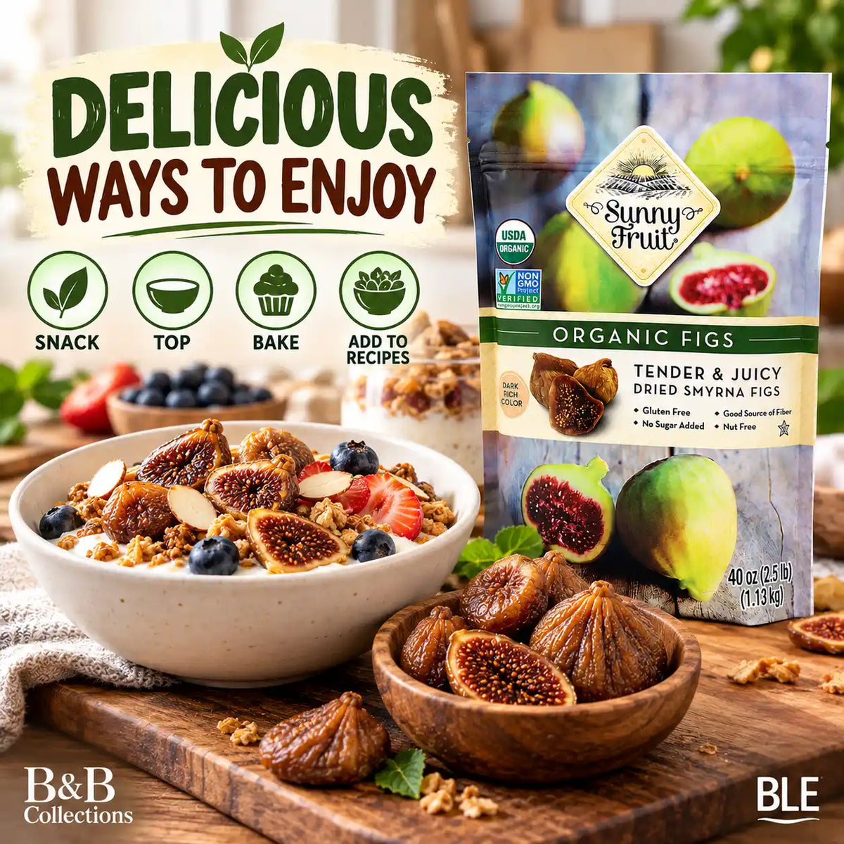Sunny Fruit Organic Dried Smyrna Figs, 40 oz (2.5 lb), Tender & Juicy Sun-Dried Figs, USDA Organic, Non-GMO, Gluten-Free, No Sugar Added, Good Source of Fiber