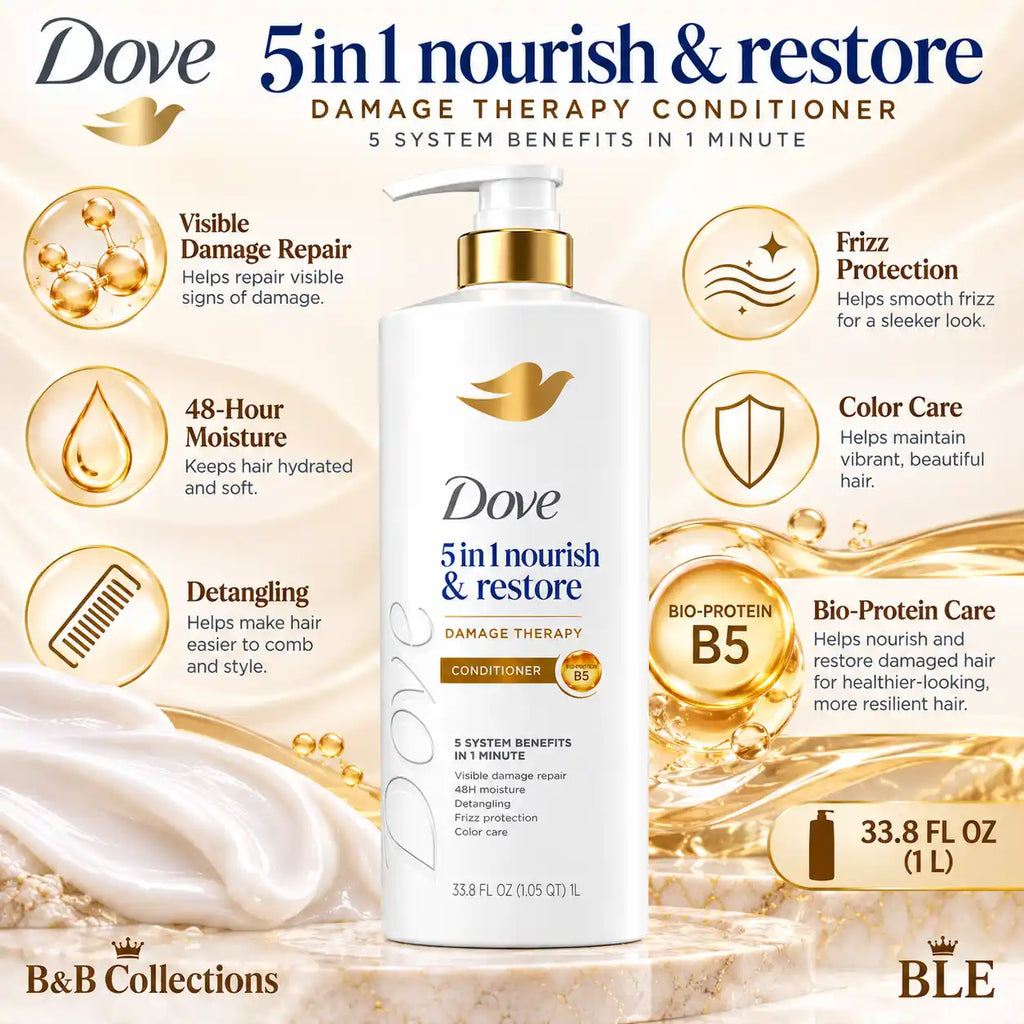 Dove 5-in-1 Nourish & Restore Damage Therapy Conditioner, 33.8 fl oz (1 L), with Bio-Protein Care, Visible Damage Repair & 48-Hour Moisture