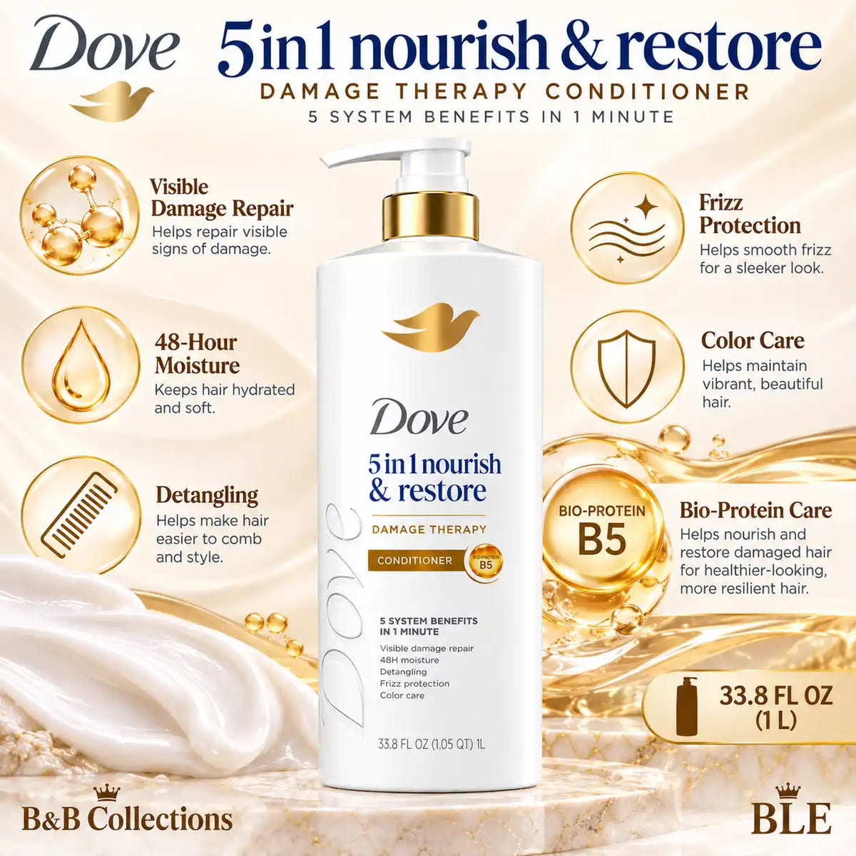 Dove 5-in-1 Nourish & Restore Damage Therapy Conditioner, 33.8 fl oz (1 L), with Bio-Protein Care, Visible Damage Repair & 48-Hour Moisture