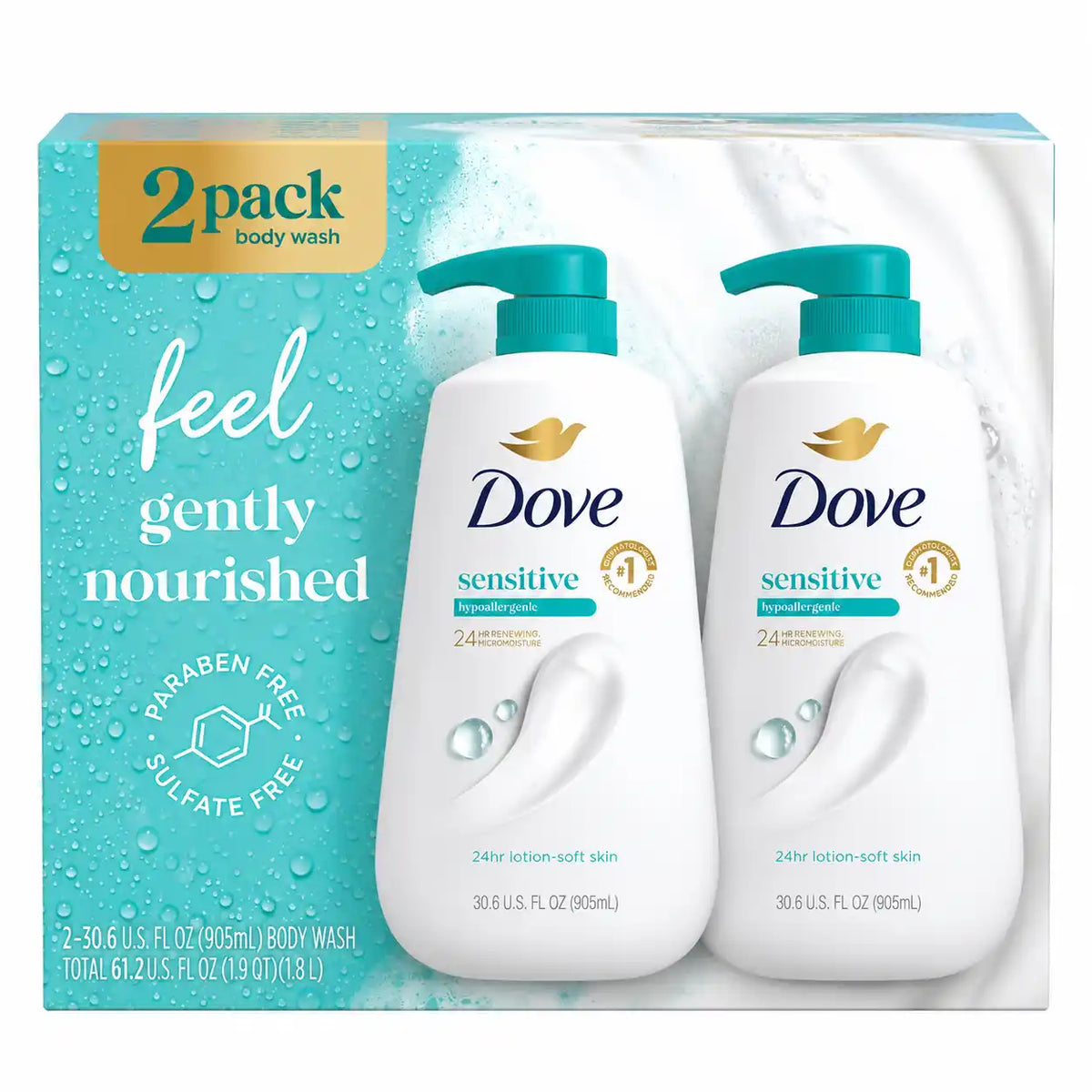 Dove Sensitive Skin Body Wash, Hypoallergenic, 24HR Renewing MicroMoisture, Paraben & Sulfate Free, 30.6 fl oz Each, 2 Pack (61.2 fl oz Total)