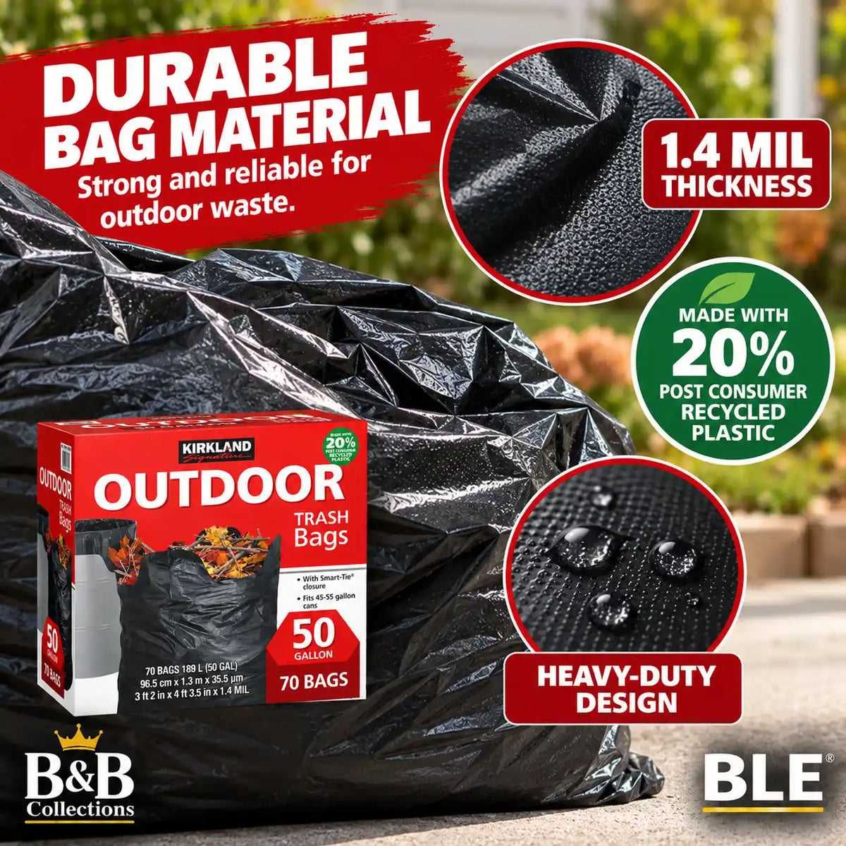 Kirkland Signature Outdoor Trash Bags, 50 Gallon, 70 Count, Heavy Duty Black Yard Waste Bags with Smart-Tie Closure, Fits 45–55 Gallon Cans