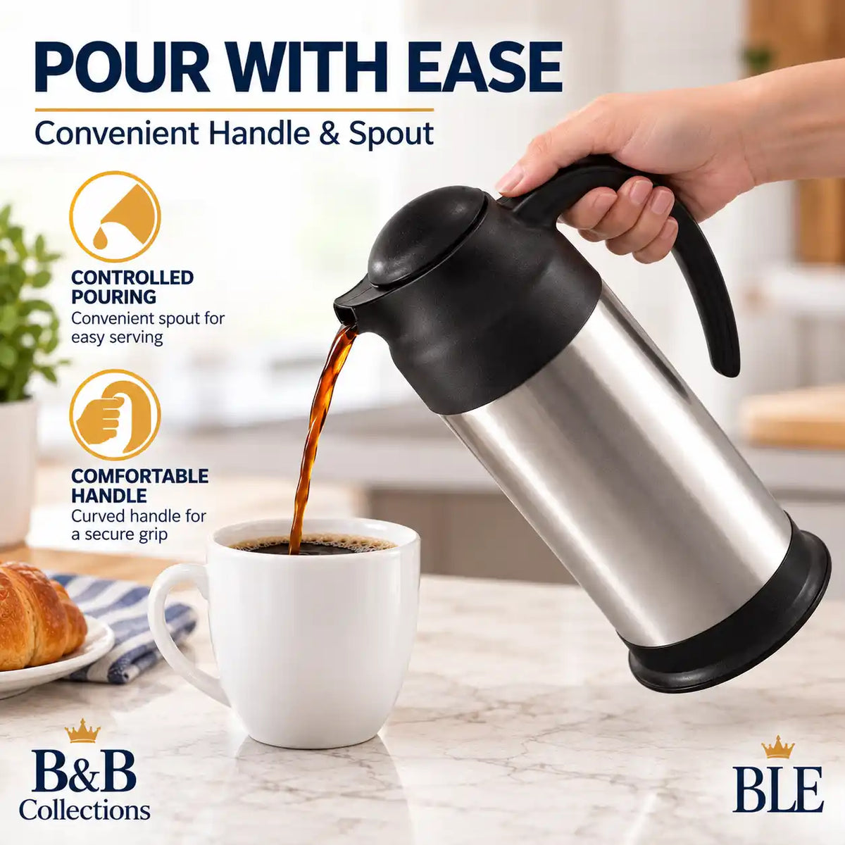 Stainless Steel Thermal Coffee Carafe, Insulated Coffee & Tea Server with Easy-Pour Spout and Ergonomic Handle, Silver & Black