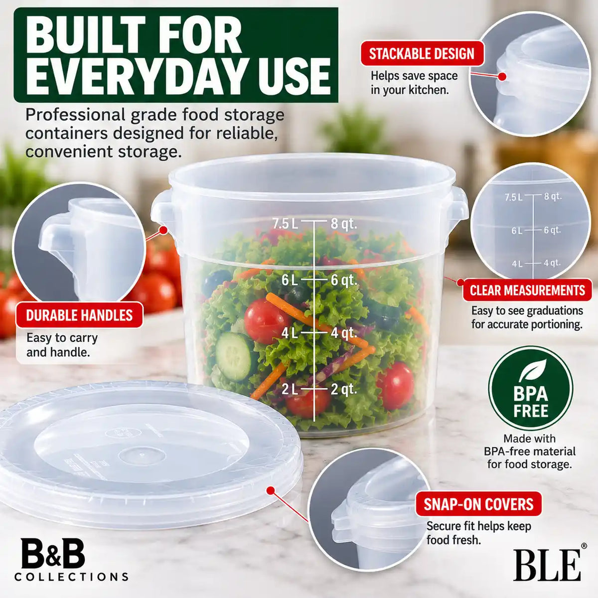 Cambro Professional Grade Food Storage Containers with Lids, 2 Quart (1.9 L), BPA-Free, Clear Round Reusable Food Containers, 3-Pack (6 Pieces Total)