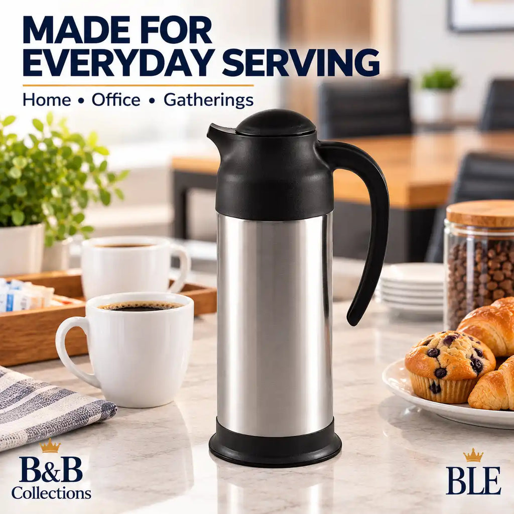 Stainless Steel Thermal Coffee Carafe, Insulated Coffee & Tea Server with Easy-Pour Spout and Ergonomic Handle, Silver & Black