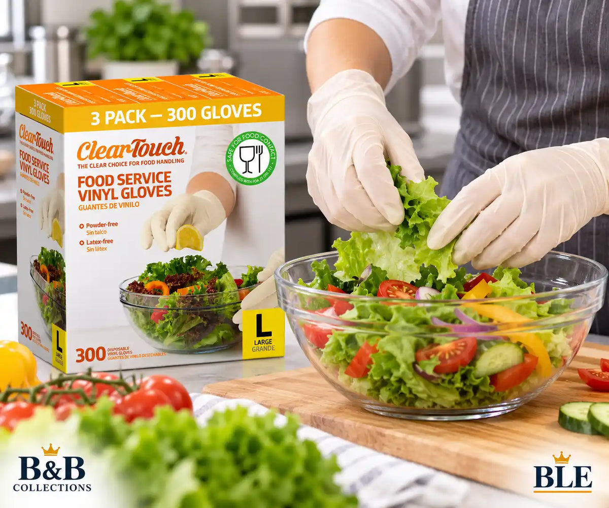 ClearTouch Food Service Vinyl Gloves, Large, Powder-Free, Latex-Free, Disposable Food Handling Gloves, 3 Pack, 300 Count