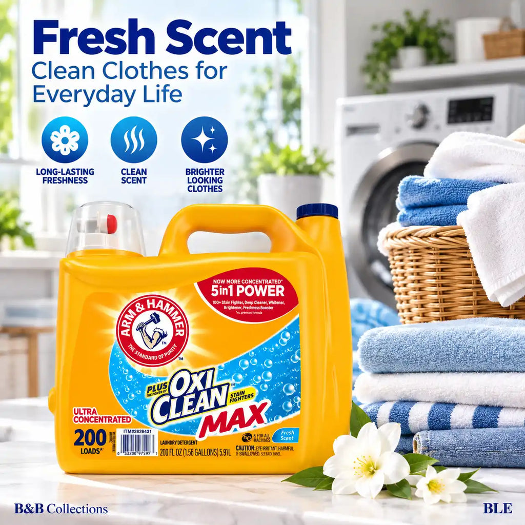 ARM & HAMMER Plus OxiClean MaAX Liquid Laundry Detergent, Fresh Scent, Ultra Concentrated 5-in-1 Power, 200 Loads, 200 fl oz