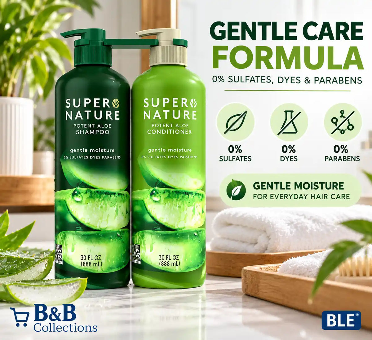 Super Nature Potent Aloe Shampoo & Conditioner Set, Gentle Moisture Hair Care, Sulfate-Free, Dye-Free & Paraben-Free, 30 fl oz Each, 2-Pack (60 fl oz Total)