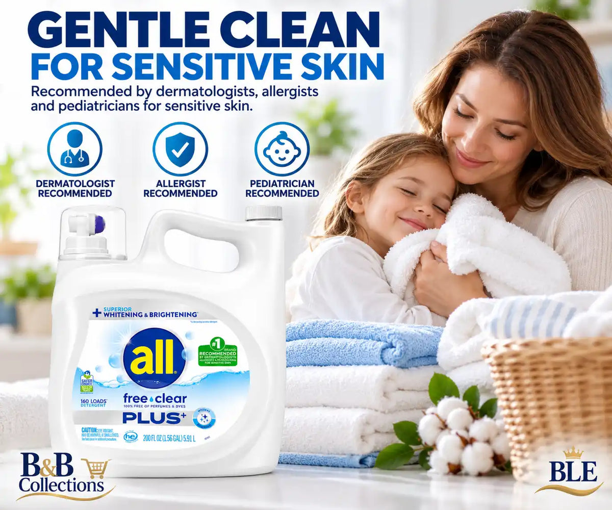 all Free Clear Plus+ Liquid Laundry Detergent, Unscented, 100% Free of Perfumes & Dyes, Superior Whitening & Brightening, Sensitive Skin, 160 Loads, 200 fl oz