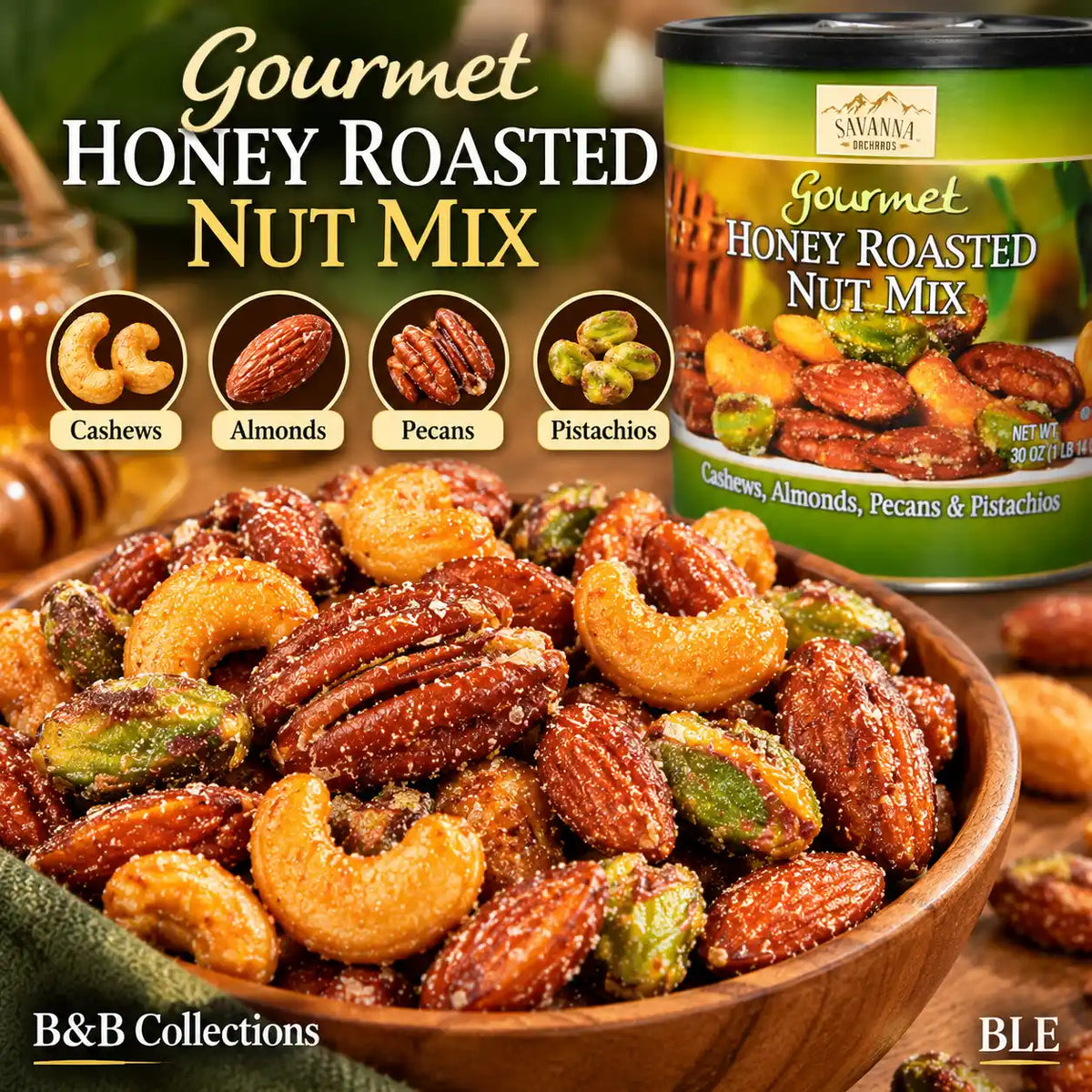 Savanna Orchards Gourmet Honey Roasted Nut Mix, 30 oz (1 lb 14 oz), Cashews, Almonds, Pecans & Pistachios, Sweet & Crunchy Snack