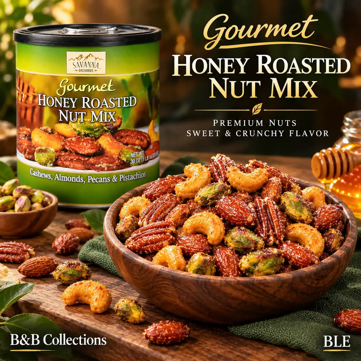 Savanna Orchards Gourmet Honey Roasted Nut Mix, 30 oz (1 lb 14 oz), Cashews, Almonds, Pecans & Pistachios, Sweet & Crunchy Snack