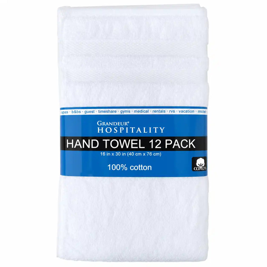 Grandeur Hospitality Hand Towels, 12-Pack, 100% Cotton, White, 16" x 30", Soft & Absorbent Towels for Bathroom, Guest & Commercial Use