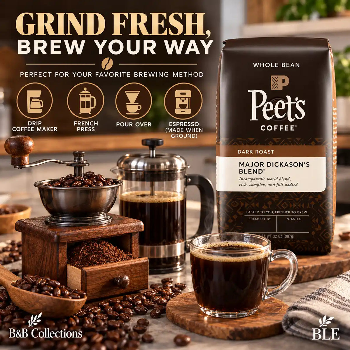 Peet's Coffee Major Dickason's Blend Dark Roast Whole Bean Coffee, 32 oz (2 lb), Rich & Full-Bodied