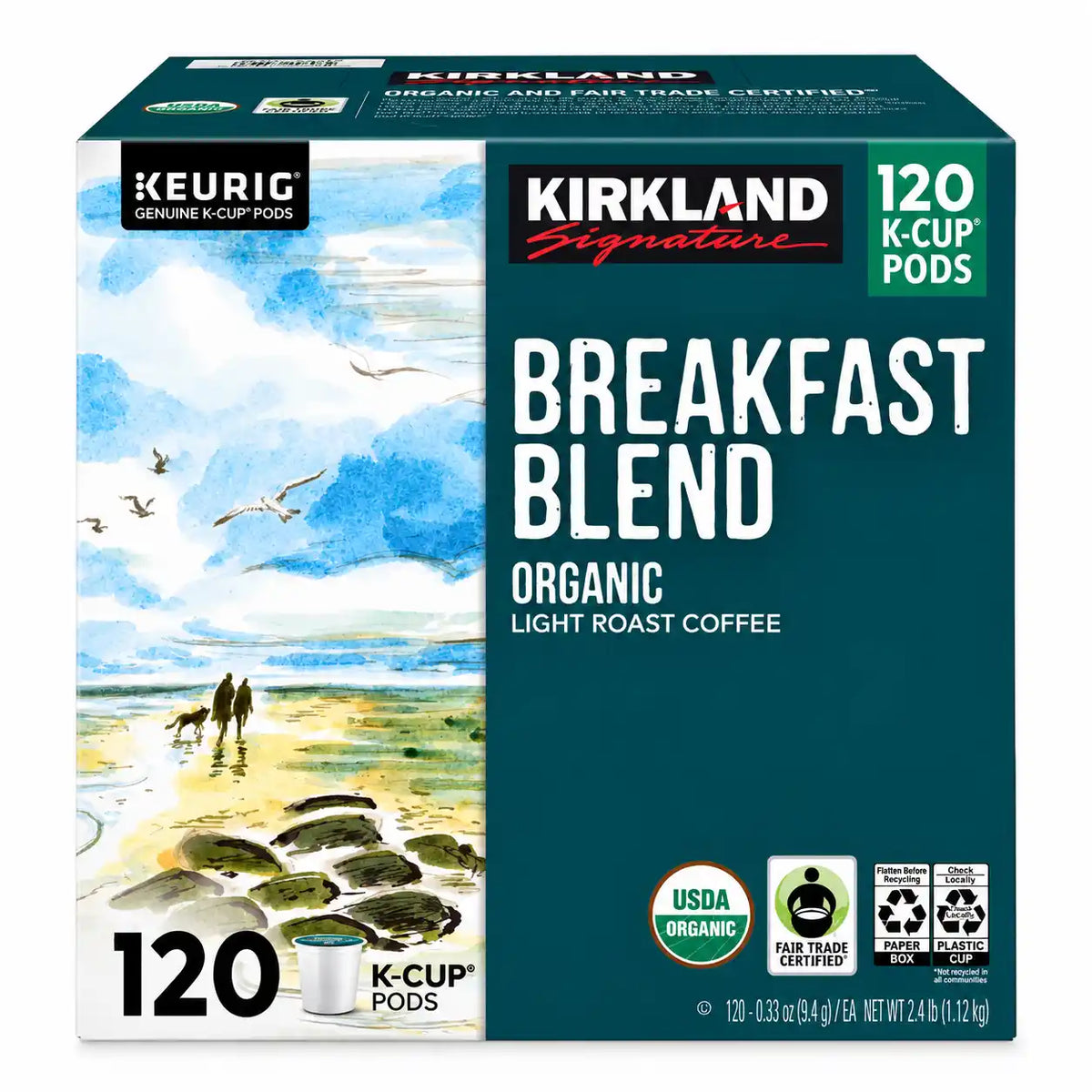 Kirkland Signature Organic Breakfast Blend Light Roast Coffee, 120 Keurig K-Cup Pods, 100% Arabica, Fair Trade Certified
