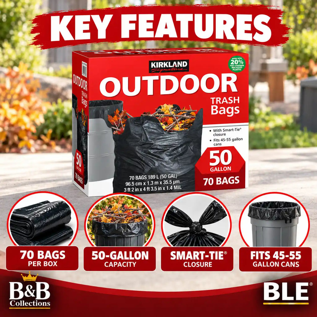 Kirkland Signature Outdoor Trash Bags, 50 Gallon, 70 Count, Heavy Duty Black Yard Waste Bags with Smart-Tie Closure, Fits 45–55 Gallon Cans