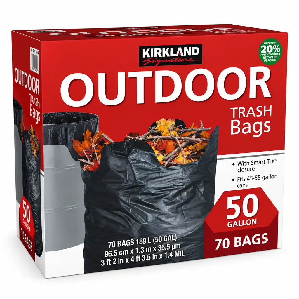 Kirkland Signature Outdoor Trash Bags, 50 Gallon, 70 Count, Heavy Duty Black Yard Waste Bags with Smart-Tie Closure, Fits 45–55 Gallon Cans