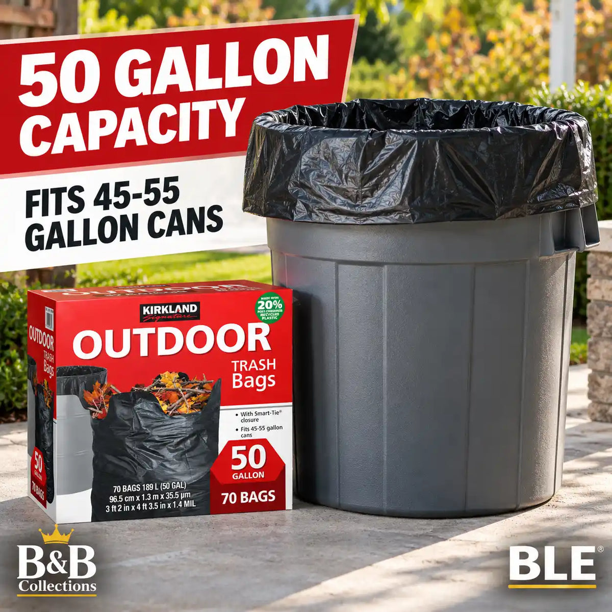 Kirkland Signature Outdoor Trash Bags, 50 Gallon, 70 Count, Heavy Duty Black Yard Waste Bags with Smart-Tie Closure, Fits 45–55 Gallon Cans