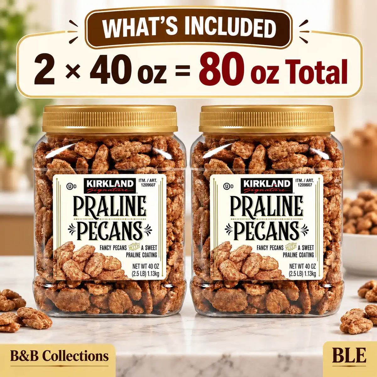 Kirkland Signature Praline Pecans, Sweet Praline-Coated Fancy Pecans, 40 oz Each, 2-Pack (80 oz Total)