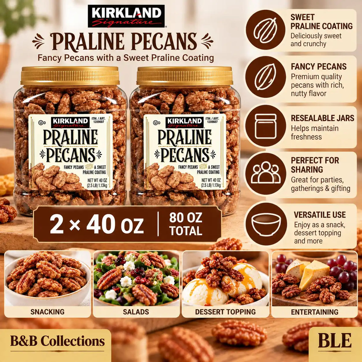 Kirkland Signature Praline Pecans, Sweet Praline-Coated Fancy Pecans, 40 oz Each, 2-Pack (80 oz Total)