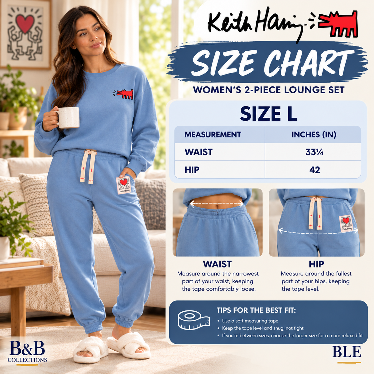 Keith Haring Women's 2-Piece Crewneck Sweatshirt & Jogger Fleece Lounge Set, Blue, Large