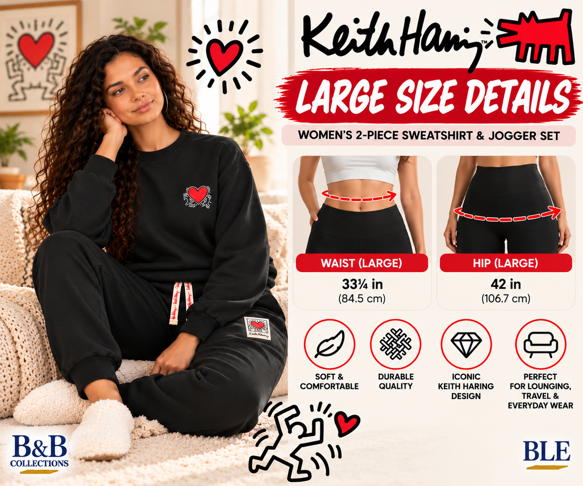 Keith Haring Women's 2-Piece Crewneck Sweatshirt & Jogger Fleece Lounge Set, Black, Large