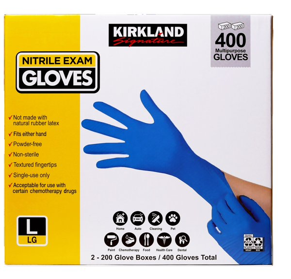 Kirkland Signature Nitrile Exam Gloves, 400 Count (2 x 200), Powder-Free, Latex-Free, Disposable Multipurpose Gloves, Non-Sterile, Textured Fingertips, Small/Medium/Large