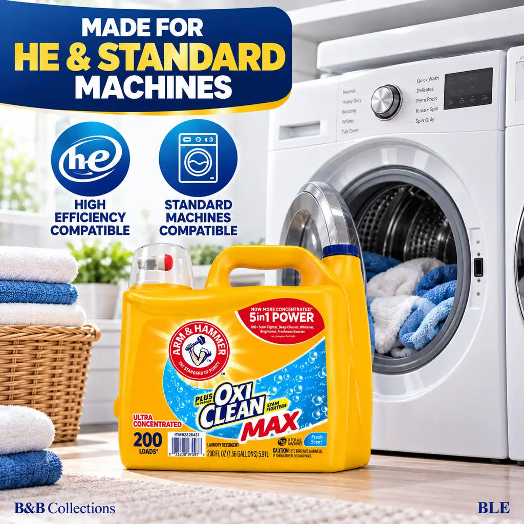 ARM & HAMMER Plus OxiClean MaAX Liquid Laundry Detergent, Fresh Scent, Ultra Concentrated 5-in-1 Power, 200 Loads, 200 fl oz