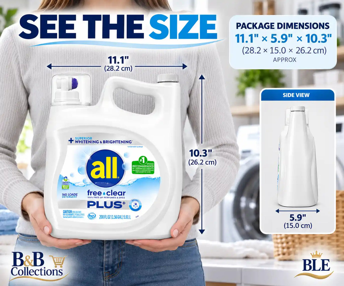 all Free Clear Plus+ Liquid Laundry Detergent, Unscented, 100% Free of Perfumes & Dyes, Superior Whitening & Brightening, Sensitive Skin, 160 Loads, 200 fl oz