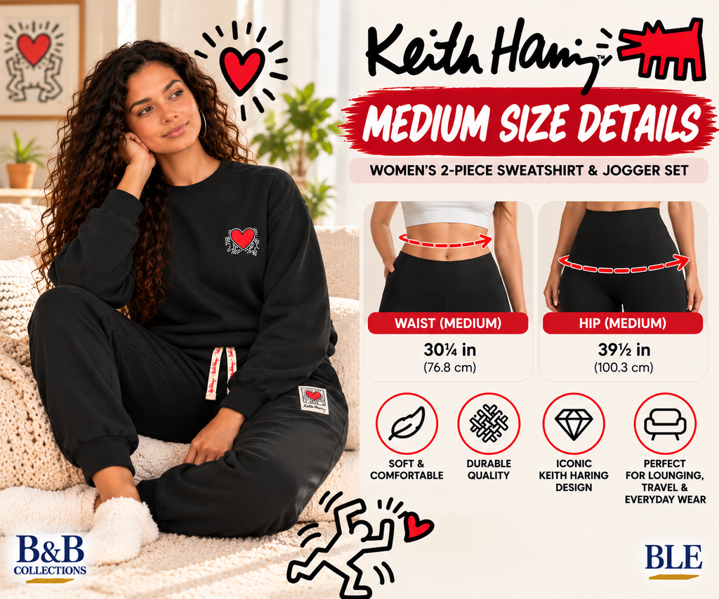 Keith Haring Women's 2-Piece Crewneck Sweatshirt & Jogger Fleece Lounge Set, Black, Medium