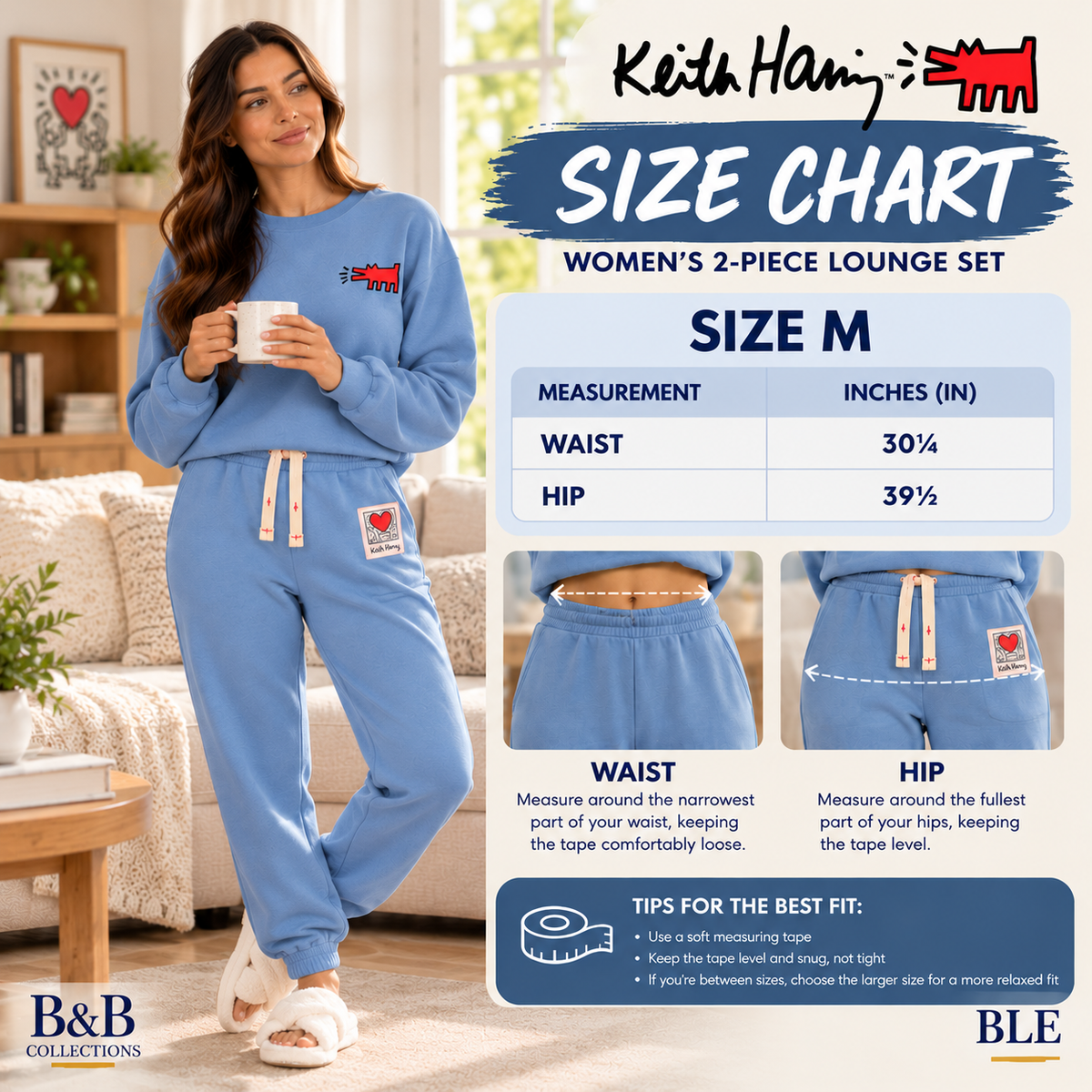 Keith Haring Women's 2-Piece Crewneck Sweatshirt & Jogger Fleece Lounge Set, Blue, Medium
