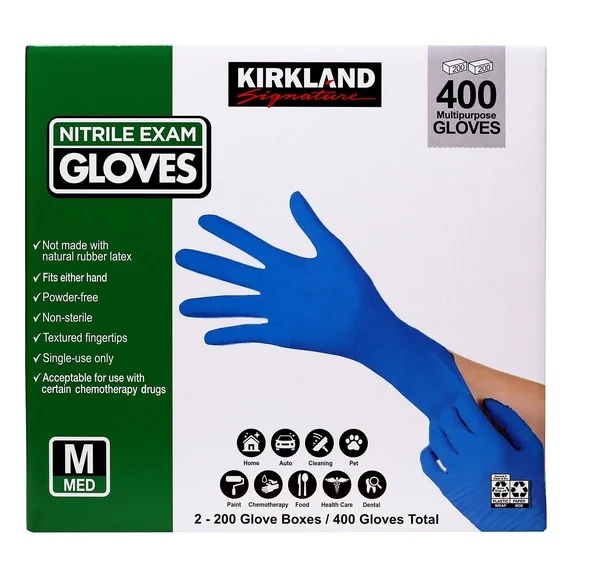 Kirkland Signature Nitrile Exam Gloves, 400 Count (2 x 200), Powder-Free, Latex-Free, Disposable Multipurpose Gloves, Non-Sterile, Textured Fingertips, Small/Medium/Large