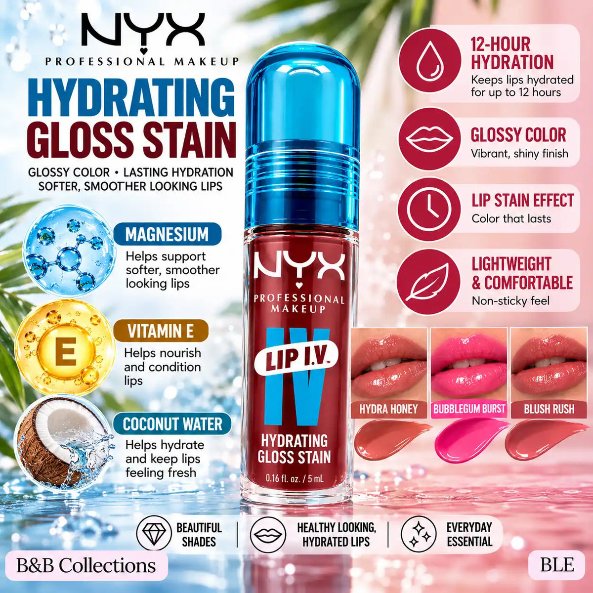 NYX Professional Makeup Lip I.V. Hydrating Gloss Stain, 12-Hour Hydration, Glossy Lip Color, Available in Hydra Honey, Bubblegum Burst & Blush Rush