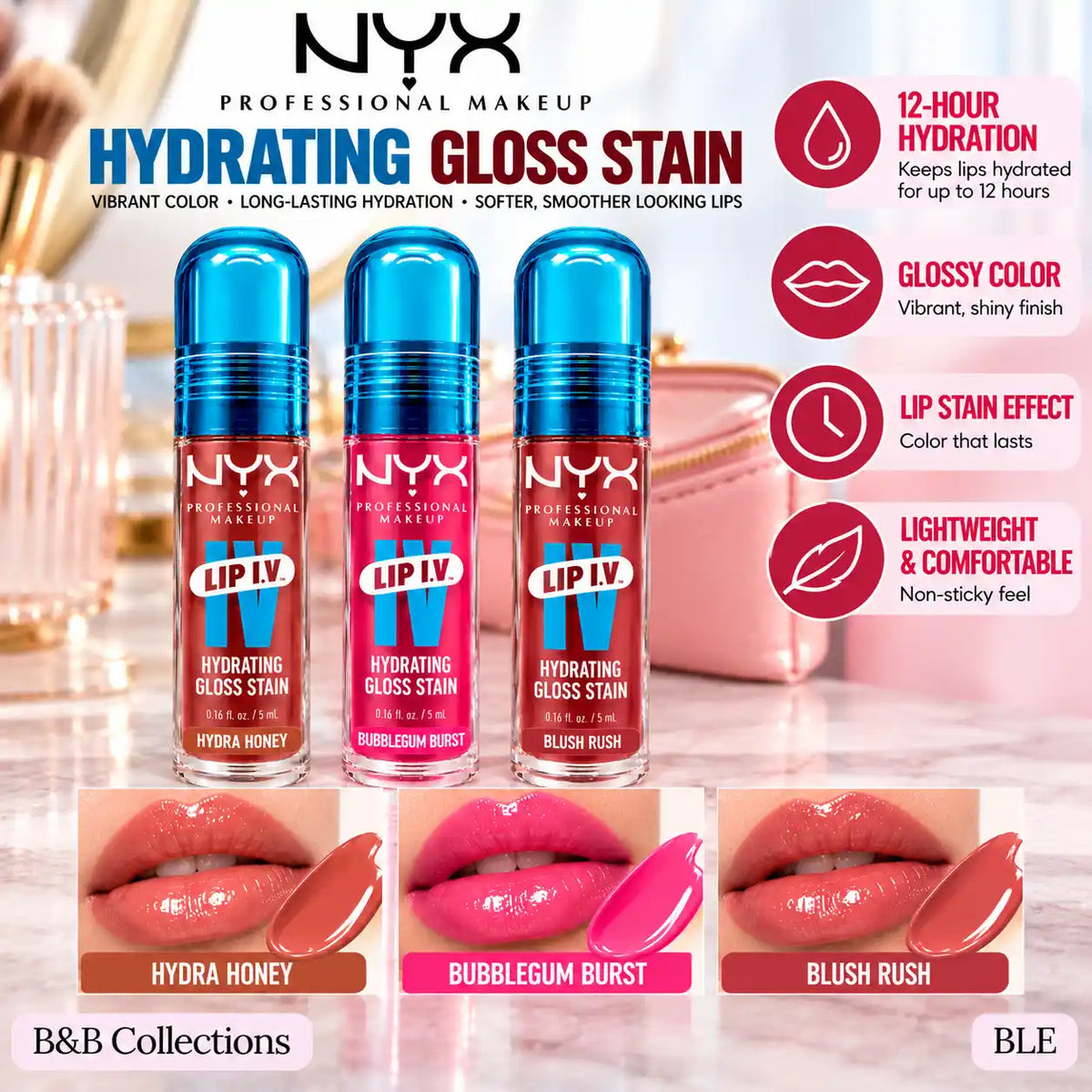 NYX Professional Makeup Lip I.V. Hydrating Gloss Stain, 12-Hour Hydration, Glossy Lip Color, Available in Hydra Honey, Bubblegum Burst & Blush Rush