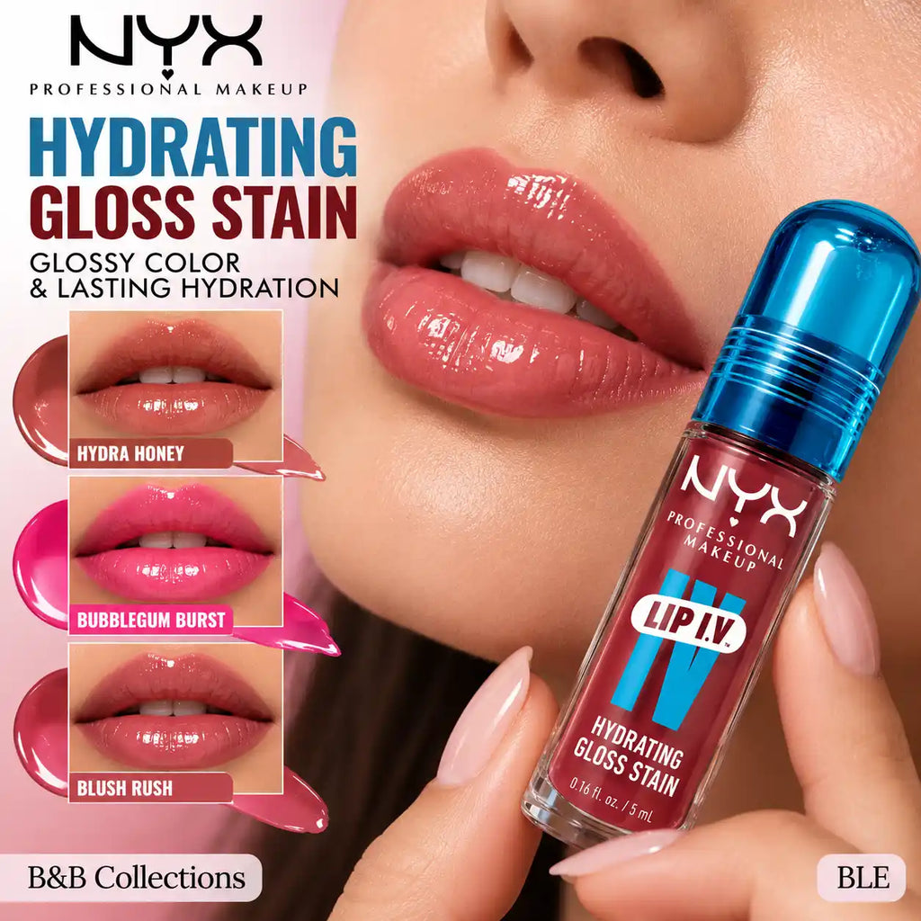 NYX Professional Makeup Lip I.V. Hydrating Gloss Stain, 12-Hour Hydration, Glossy Lip Color, Available in Hydra Honey, Bubblegum Burst & Blush Rush