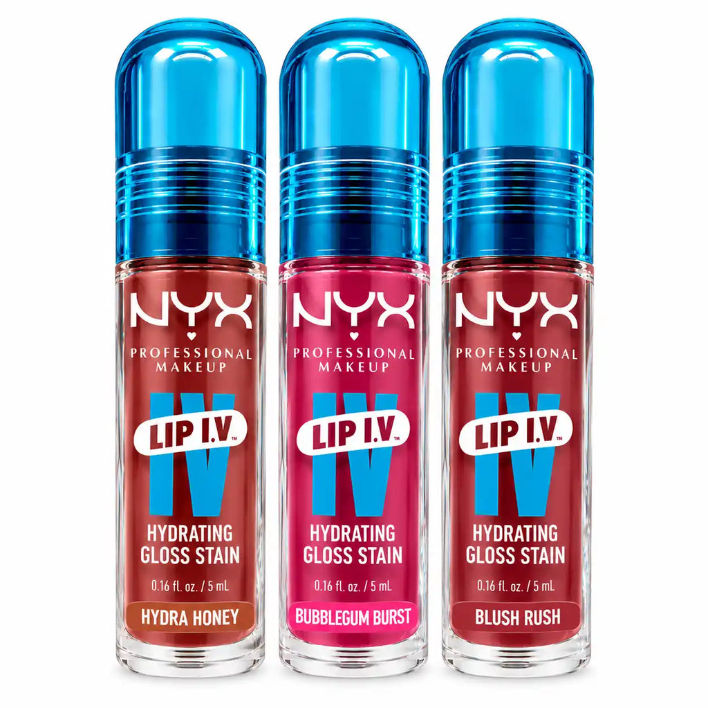 NYX Professional Makeup Lip I.V. Hydrating Gloss Stain, 12-Hour Hydration, Glossy Lip Color, Available in Hydra Honey, Bubblegum Burst & Blush Rush