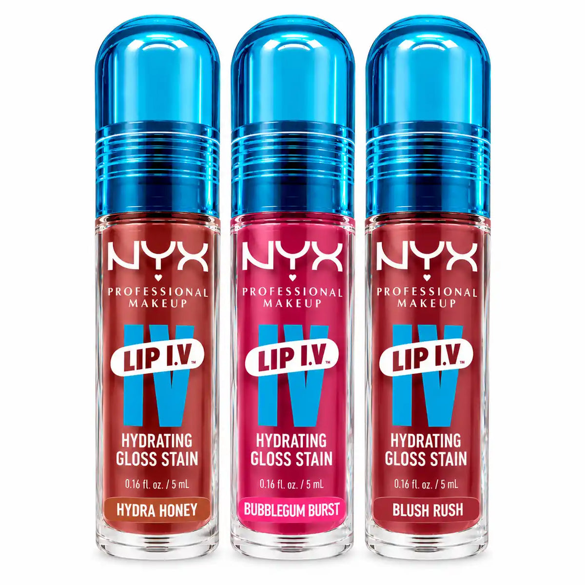NYX Professional Makeup Lip I.V. Hydrating Gloss Stain, 12-Hour Hydration, Glossy Lip Color, Available in Hydra Honey, Bubblegum Burst & Blush Rush